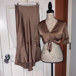 Abercrombie & Fitch Satin Style Crop Top Skirt Set Metallic Copper Color sz XS